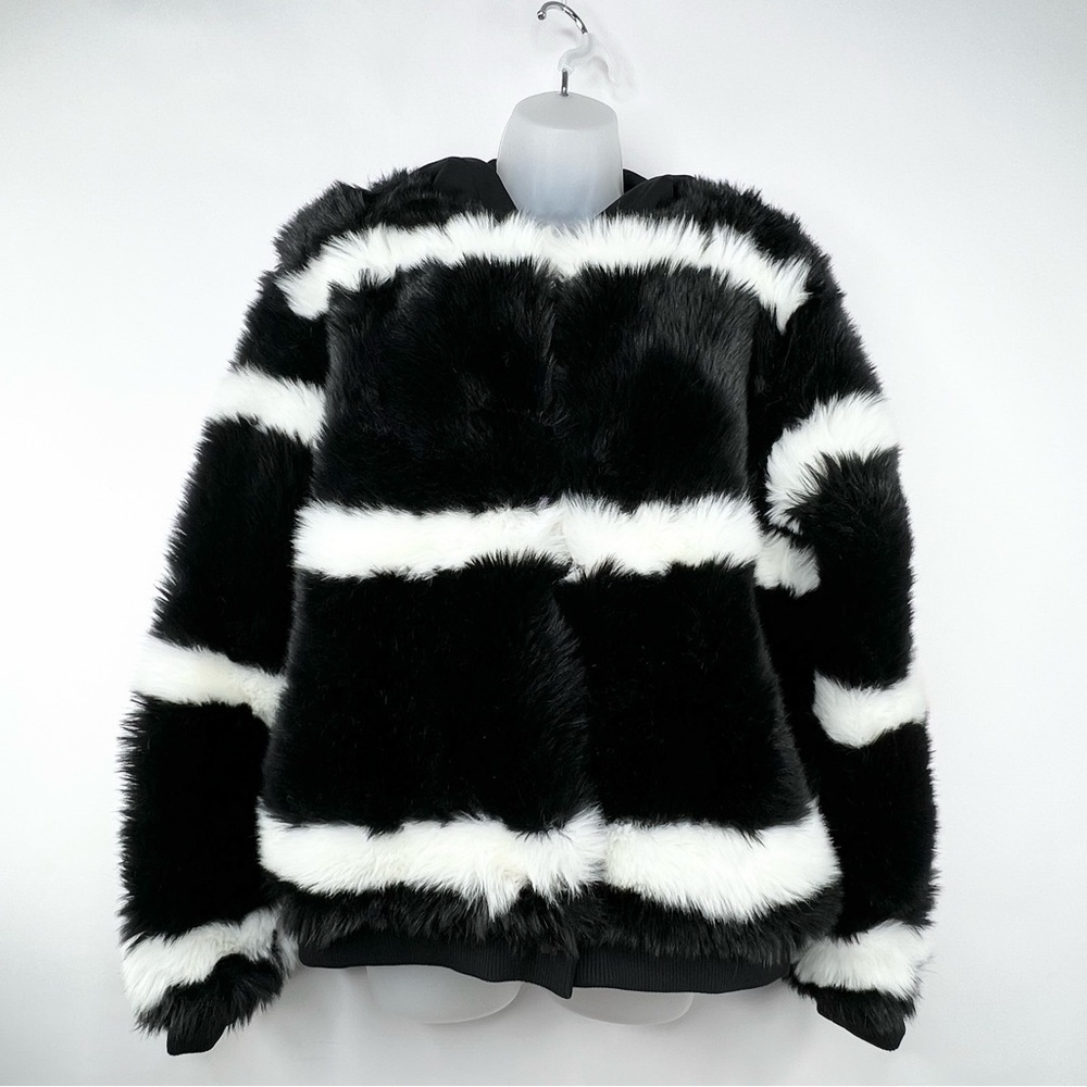 Roxy Carrie Faux Fur Black and White Jacket/Coat, Hooded Women Size Large EUC